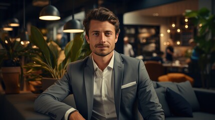 Young investor and businessman and trader in a suit sits confidently in the trading room.