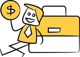 Doodle Businessman Holding Dollar Coin and Briefcase
