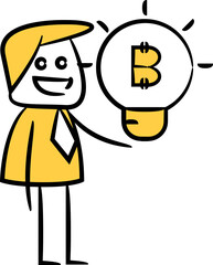 Doodle Businessman Holding Bitcoin Light Bulb 