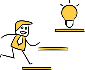 Doodle Businessman Walk up Stair and Pick up Light Bulb
