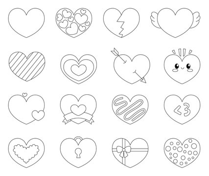 Heart different shape. Coloring Page. Suitable for Valentines Day, Mothers Day. Hand drawn style.