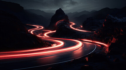 Car brake taillights light trail blur winding around a curvy mountain road