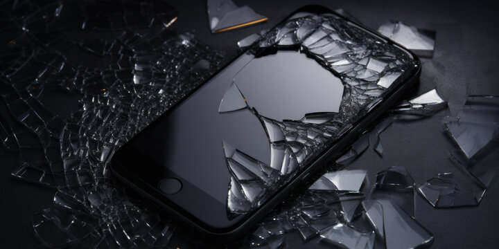 Smartphone with cracked touchscreen showing the shattered broken glass of the smart phone