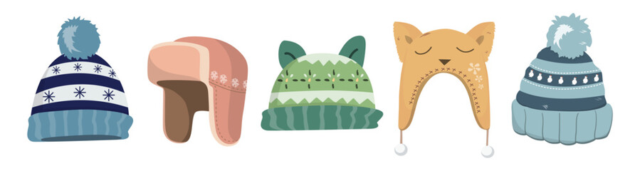 Cute winter hats set. Design elements for a winter greeting card for New year or Christmas. Vector Illustration.