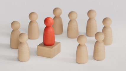 Leadership concept, wooden business team with one person standing out from the crowd on podium.3D rendering on white background.
