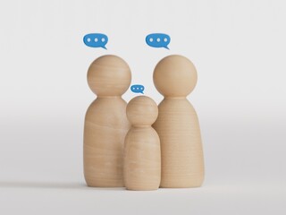 Family persons chatting together by wooden figure models on table. People lifestyle and relationship caring and understanding concept. Love conversation and communication theme.
