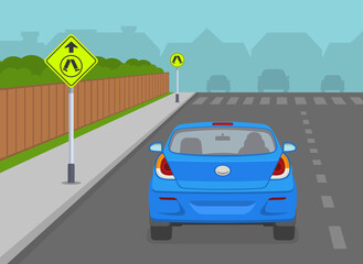 Safe driving tips and traffic regulation rules. Australian pedestrian crossing ahead sign. Back view of a car on reaching the crosswalk. Flat vector illustration template.