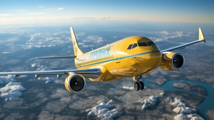 Yellow plane gains altitude in the sky, flies to another country, international flights