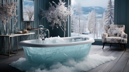 Bathtub with ice, frozen water, covered with frost, the whole bathroom is frozen. Problems with heating in winter, rising costs of water and electricity, expensive bills for hot water in winter
