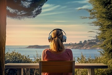 Una mujer sentada en un banco de madera al lad de la playa escuchando música con sus auriculares - obrazy, fototapety, plakaty
