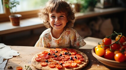 A little kid preparing homemade italian margherita handmade pizza with tomatoes in the home kitchen
