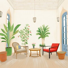illustration of classic chairs on balcony terrace vintage house interior with roof hanging lamp on green background nature theme