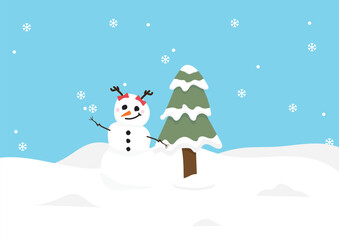 snowman with christmas tree background design