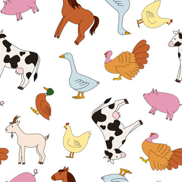 Vector seamless pattern with farm animals on white. Cute cow, chicken and horse.