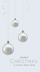 Merry Christmas Story for Social Media. Elegant Xmas Banner for Status and Stories with luxury Silver Hanging Balls