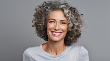 captivating mature woman with grey curly hair and a lively smile in casual attire - obrazy, fototapety, plakaty