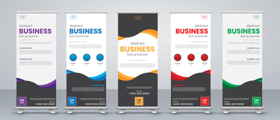 Business Roll up banner vertical template design set in red, blue, yellow, green, purple and black - obrazy, fototapety, plakaty