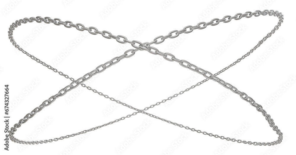 Poster 3d rendering of circles made from intertwined metal chains, png format, with a background that's com