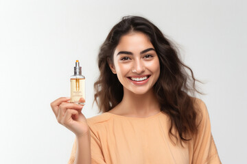 Young woman smiling and showing face serum bottle.