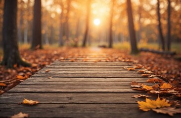 Naklejka na ściany i meble Wooden forest path in the autumn season, blurred background