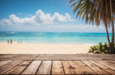 Fototapeta premium Wooden table top with blurred beach with bright blue sky