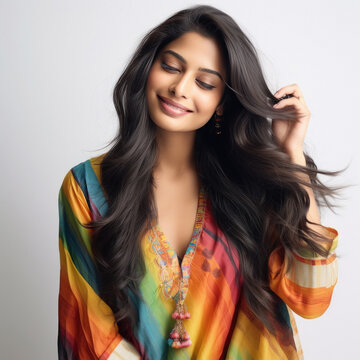 Young and beautiful indian woman on white background, smiling