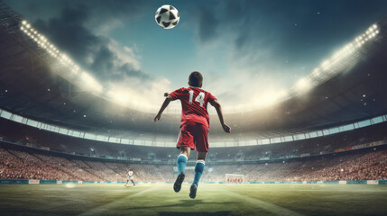 Fototapeta na wymiar Professional football or soccer player in action on stadium with flashlights