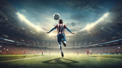 Professional football or soccer player in action on stadium with flashlights