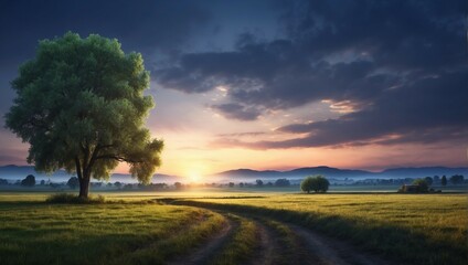 Fototapeta premium Tranquil Sunrise over Lush Green Farmland and Dramatic Sky 