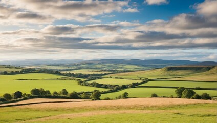 A panoramic countryside landscape with a green field and blue sky
