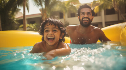Indian man with his little child enjoying in swimming pool - obrazy, fototapety, plakaty