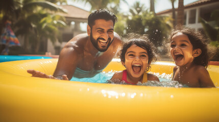 Indian man with his little child enjoying in swimming pool - Powered by Adobe