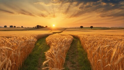 Sunset over a wheat field on a farm
