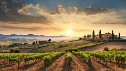 Rural Sunset over Vineyard and Crop Fields
