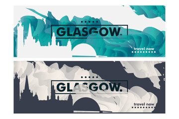 Naklejka premium UK Glasgow city banner pack with abstract shapes of skyline, cityscape, landmark. Scotland England travel vector horizontal layout set for brochure, website, page, presentation, header, footer