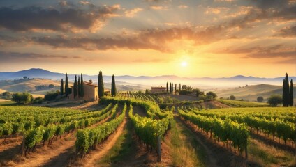 Fototapeta premium Rural Sunset over Vineyard and Crop Fields 