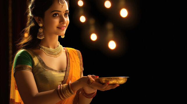 Beautiful indian woman in traditional saree and jewelery