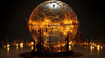 Fototapeta na wymiar Luminous globe adorned with a web of amber threads uniting urban centers set against a pitch-black cosmos