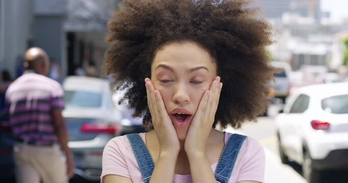 Stress, surprise and face of woman in city with news, announcement and notification in street. Omg, wow and portrait of person in south Africa with wtf reaction for gossip, secret and information