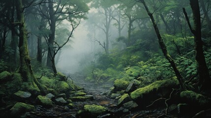 Misty Enchantment: Verdant Woods Blanketed in Soft Fog