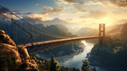 Mountainous Heights: Suspension Bridge Bathed in Sunlight