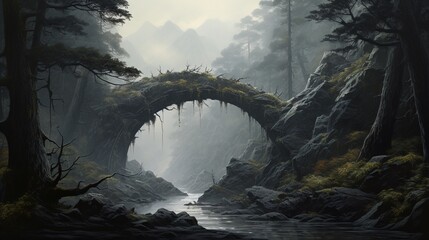 Obsidian Bridge Shrouded in Mist, Framed by Enigmatic Trees in the Distance - obrazy, fototapety, plakaty