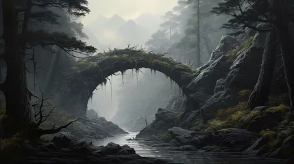 Foto auf Glas Obsidian Bridge Shrouded in Mist, Framed by Enigmatic Trees in the Distance © Pretty Panda