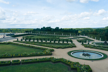 PARIS, FRANCE - Aug 05, 2023 The beautiful gardens at Versailles Castle in Paris