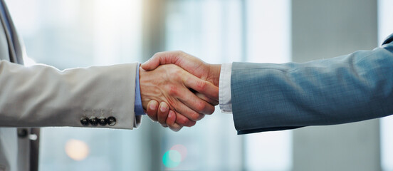 Business people, support and shaking hands for agreement, meeting and b2b deal for success, welcome...