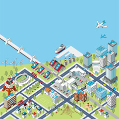 海沿いの街並みの俯瞰イラスト