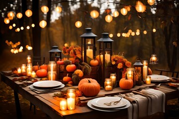 Autumn outdoor dinner table setting with lanterns and bulb lights, vertical, night, fall harvest season, rustic, fete party, outside dining tablescape