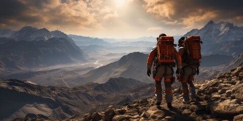 Astronauts in futuristic space suits are exploring the surface of Mars in order to live on Mars in the future by Generative AI