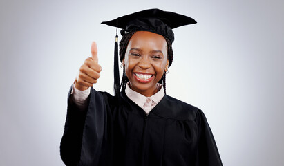 Graduation cap, thumbs up and woman or student success with celebration, education and learning or...