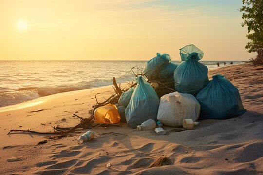 Varias bolsas de basura preparadas para reciclar con toda la porquer&iacute;a que se ha recogido de la playa